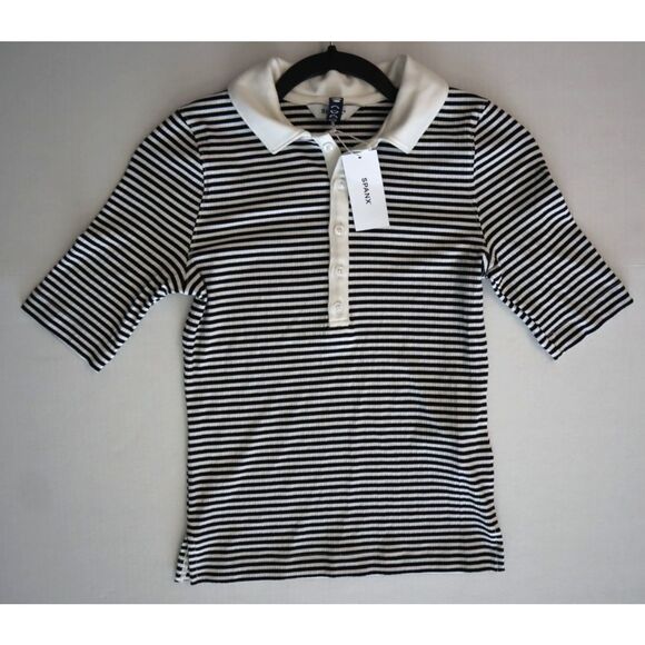 SPANX 21030R Women's Sz XS Black/White Striped Stretch Ribbed Polo Top - Picture 7 of 8